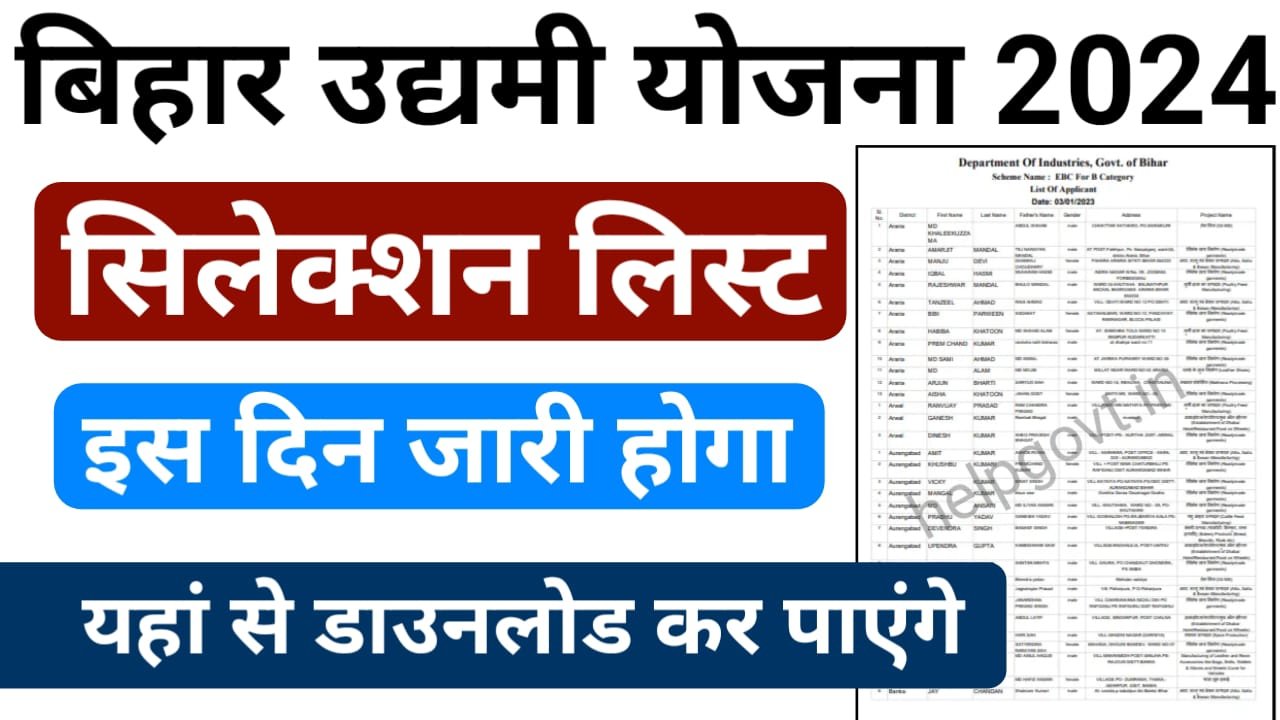 Mukhyamantri Udyami Yojana selection List 2024-25 : बिहार मुख्यमंत्री उद्यमी योजना का सिलेक्शन लिस्ट जारी, सिलेक्शन यहां से करें चेक और डाउनलोड