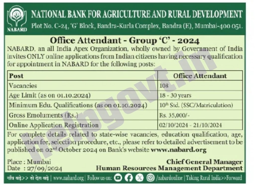 NABARD Office Attendant Recruitment 2024