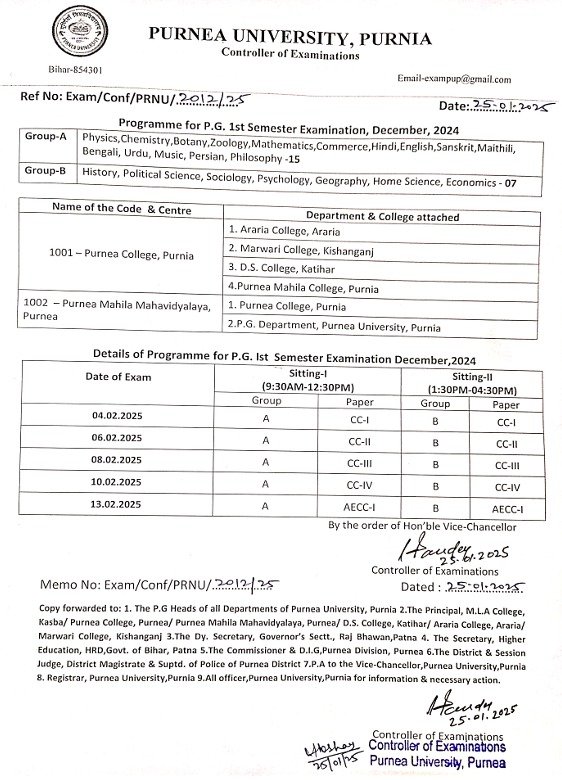 Purnea University PG 1st Semester Exam Program 2025 — पूर्णिया यूनिवर्सिटी पीजी फर्स्ट सेमेस्टर परीक्षा प्रोग्राम जारी, ऐसे देखें परीक्षा रूटीन